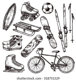 Winter And Summer Sport Equipment Set With Hand Drawn Soccer Ball Bicycle And Roller Skates Isolated Vector Illustration