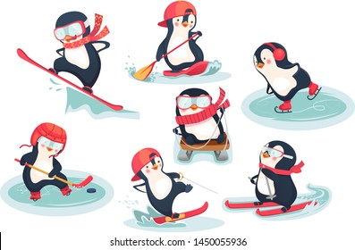 Winter And Summer Sports. Childrens Sports Concept. Active Penguins. Vector Illustration.