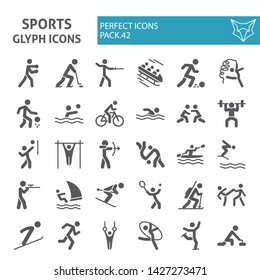 Winter & summer sports glyph icon set, sport symbols collection, vector sketches, logo illustrations, sportsman signs solid pictograms package isolated on white background, eps 10.