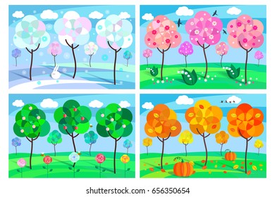 Winter, summer, spring, autumn landscape in a flat style.