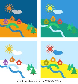 Winter, summer, spring and autumn templates set with house, river and forest tree,in flat style,  for real estate business and eco design 