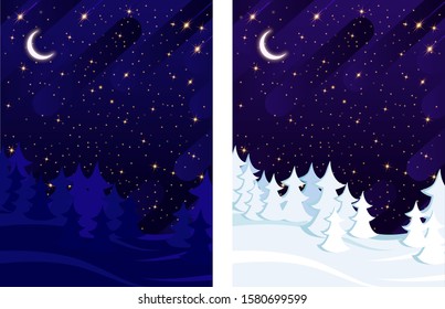 Winter and summer spruce forest on the background of the starry sky. Blank dark background for postcard or banner. A starry night sky.