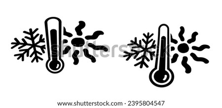 Winter, summer, thermometer or temperature indicate. Hot or cold sign. Protest, Climate Justice Now ! (CJN!). Storm, snowflake and sunny. Weather thermometers. Snow flakes and high season scale.