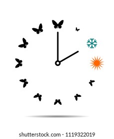 Winter and summer time, clock with butterflies