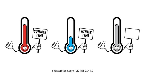 Winter, summer time. Weather thermometer or temperature indicate. Hot or cold sign. Change of seasons from autumn, winter to spring and summer. Weather Clock switch, Change time concept.