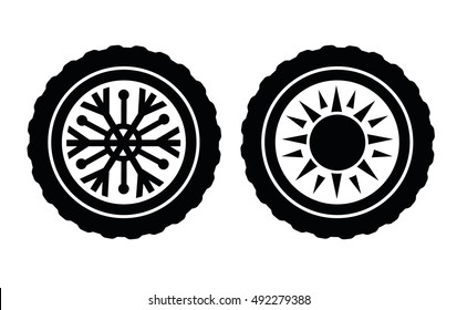 Winter and summer tire. Changing tires for the wheels for the winter and the summer. Vector icon for tire service.