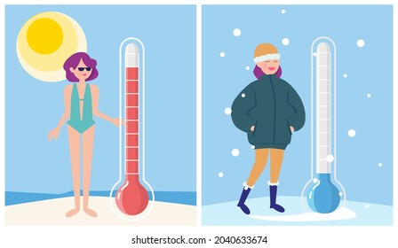 Winter and summer. Weather thermometer, hot and cold temperature. Girl holiday vacations on beach vector concept