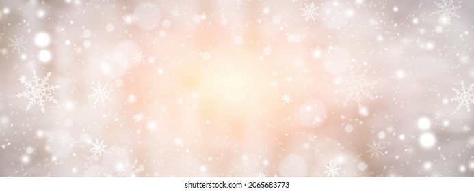 Winter sun and falling snow. Merry Christmas and Happy New Year festive background with snowflakes. Xmas design for advertising, social and fashion ads. Place for text. Vector illustration.