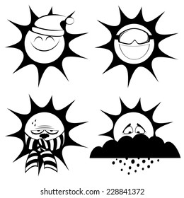 Winter sun mascots - Collection of four black and white, cute sun character icons (emoticons) with different look
