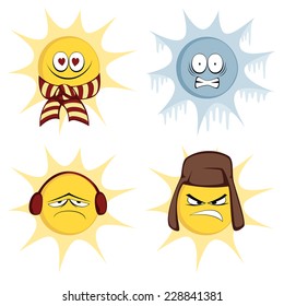 Winter sun mascots - Collection of four colored, cute sun character icons (emoticons) with different look