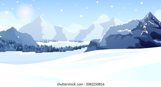 Winter sunny beautiful day, snowy mountain, alpine landscape. Snow, snowflakes fall down, sun shine in background. Spruce forest, trees foot Alps mountains. Country nature view. Vector illustration