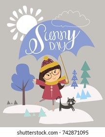 Winter sunny day. Illustration of girl