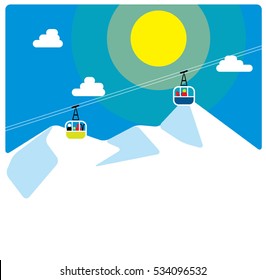 Winter sunny snowing Alps mountains view with cable cars. vector illustration. Snowboarding and skiing resort.