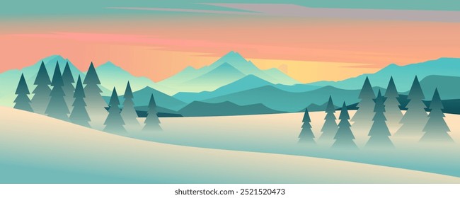 Winter sunset landscape. Beautiful vector illustration of winter nature with mountains, snowdrifts, spruce and pine trees against a stunning sky background. Panoramic winter landscape.