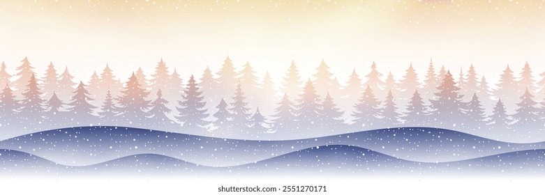 Winter sunset landscape, snowfall, forest and snowdrifts, vector illustration