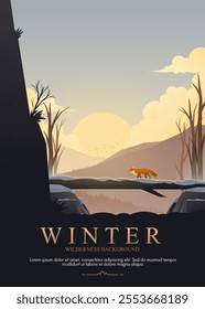 Winter sunset landscape vector with a fox crossing a fallen tree bridge between cliffs. Stunning snowy scenery, warm light, and nature details perfect for backgrounds or illustrations.

