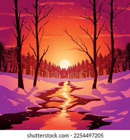 Winter Sunset River in the Woods, vector illustration