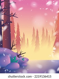 Winter sunset scene background with snowflake