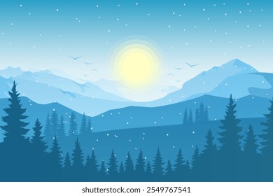 Paisaje invernal al atardecer o al amanecer con árboles cubiertos de nieve bajo un cielo azul claro, evocando tranquilidad y belleza natural, Ilustración vectorial plana