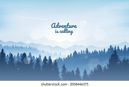 Winter sunset, sunrise, morning in mountains. Hiking tourism. Adventure. Abstract mountain landscape. Banner with polygonal landscape illustration. Minimalist style background. Flat vector design.
