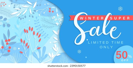 Winter super sale banner with hand drawn lettering and winter floral part with red berries and snowflakes. Big discounts template design. Promotion for retail, market,web,design. Vector Illustration.