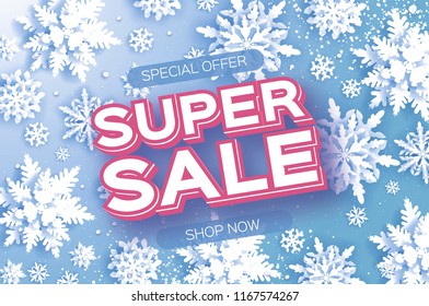 Winter Super Sale Banner. Merry Christmas and Happy New Year card. White Paper cut snowflakes. Origami Wintertime Decoration background. Seasonal holidays. Snowfall. Space for text. Blue.