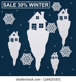 Winter Super Sale Banner, poster, flyer template. snowflakes, house, ice in Paper cut. Origami Wintertime Decoration background. Seasonal holidays retail promotion. Snowfall. Blue. vector illustration