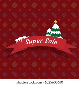 Winter super sale with Christmas trees on a red background. Vector illustration