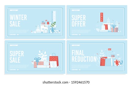 Winter Super Sale and Final Reduction in Online Shop Marketplace. Flat Landing Page in Frame Design Set. Cartoon Gifts and Presents as Decoration. Layout with Logo Place and Text. Vector Illustration