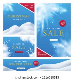 Winter super sale posters set with snowflakes and snow capped hills on blue background realistic isolated vector illustration