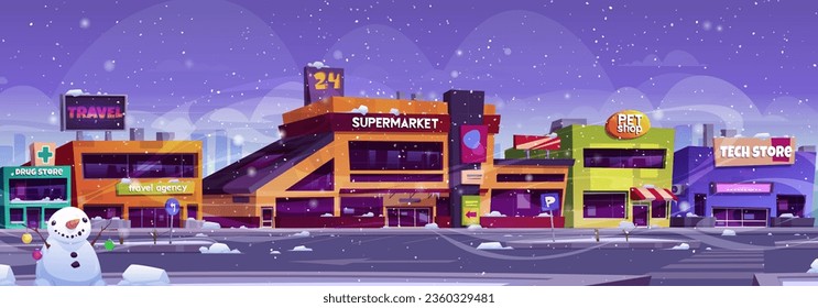 Winter supermarket parking near store building vector background. City shop exterior with falling snow weather on street. Car lot and road near hypermarket. Snowy cityscape illustration scene