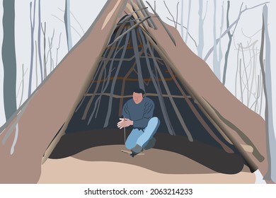 winter survival shelter made of twigs and a survivalist is trying to make a fire with dry branch manually