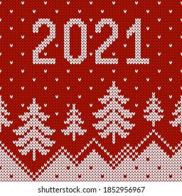 Winter sweater with Christmas trees, snowdrifts and snowfall. 2021 New Year greeting card. Norwegian seamless knitting pattern. Holiday traditional background. Fair Isle design. Vector illustration.