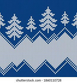 Winter sweater with Christmas trees and snowdrifts. Norwegian seamless knitting pattern. Fair Isle design. Holiday traditional background with text place. Vector illustration.