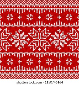 Winter sweater fairisle design. Seamless christmas and new year wool knitting pattern. Vector illustration with snowflakes. Holiday traditional background.