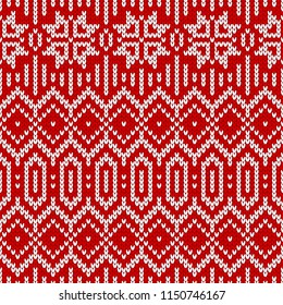 Winter sweater fairisle design. Seamless christmas and new year wool knitting pattern. Vector illustration with snowflakes. Holiday traditional background.