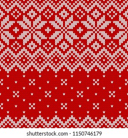 Winter sweater fairisle design. Seamless christmas and new year wool knitting pattern. Vector illustration with snowflakes. Holiday traditional background.