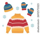 Winter sweater, hat and mittens vector set, cozy knitted clothes illustration isolated on white background.
