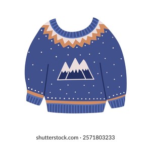 Winter sweater. Knitted pullover with mountain print. Comfortable knitwear for cold weather. Warm woolen clothing, Scandinavian wear. Flat graphic vector illustration isolated on white background