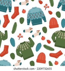 Winter sweater socks hat seamless pattern vector