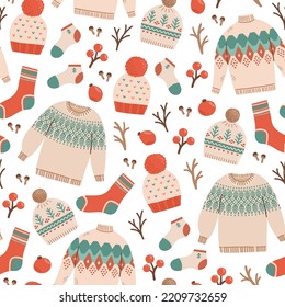 Winter sweater socks hat seamless pattern vector