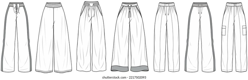 Winter Sweatpants Wide Leg Pants,  Wide Leg Sports Activewear Pant, Palazzo Sport Bottom, Wide Leg Sweatpants  Set Fashion Illustration, Vector, CAD, Technical Drawing, Flat Drawing, Template, Mockup