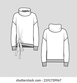 Sweatshirt Winter Knoted hem High Neck Gaeting side Knot tie long Sleeve cuff costilla Fashion Sweatshirt plano dibujo técnico diseño de planos