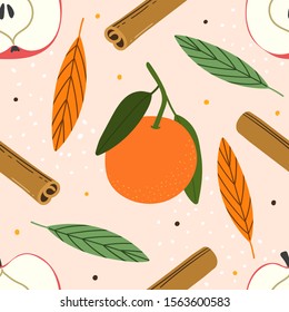 Winter sweet apples, orange and cinnamons seamless pattern for print, textile, fabric. Hand drawn fruits background. Seasonal cozy pattern.