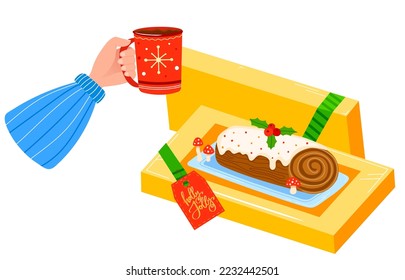 Winter sweet dessert home bakery food cozy cute gingerbread, hand holds bakery design cartoon vector illustration.