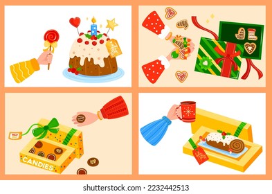 Winter sweet dessert hot food cozy cute gingerbread, hand holds bakery design cartoon vector illustration.