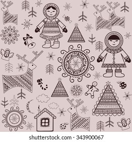 Winter sweet wallpaper with retro pattern and inuit