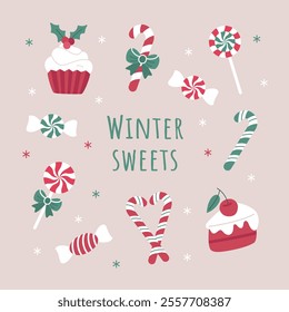 winter sweets lollipops cupcake and candies on a dark background