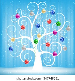 The winter swirl tree with Christmas multicolored balls on the blue mesh background