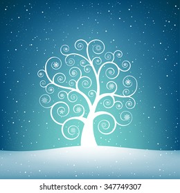 The winter swirl tree with snowflakes on the blue sky mesh background